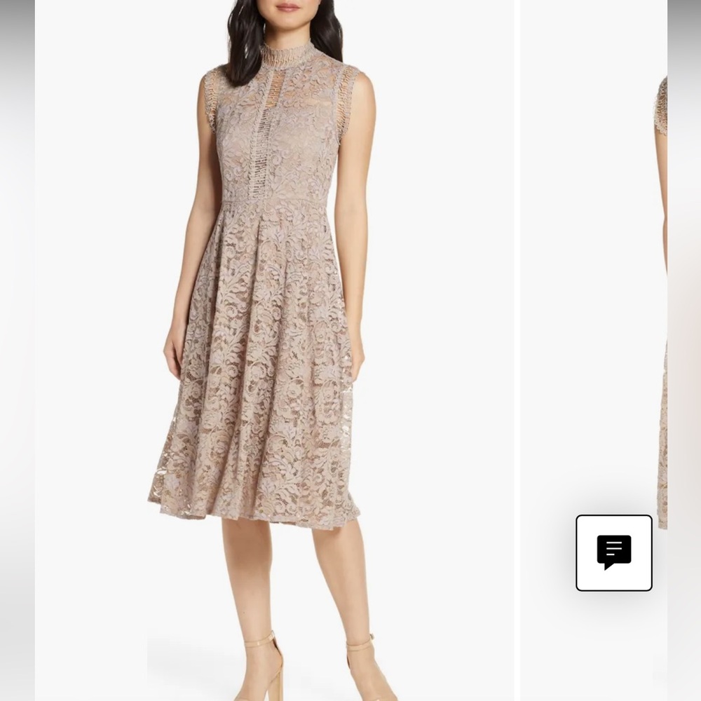 NWT Out of Stock Everywhere- Eliza J Beige High Neck Lace Fit and Flare Dress